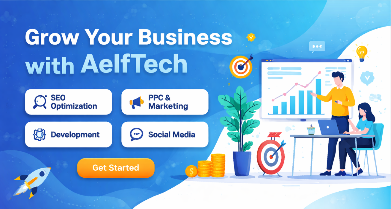 Illustration of AelfTech digital marketing services including SEO optimization, PPC marketing, development, and social media growth strategies