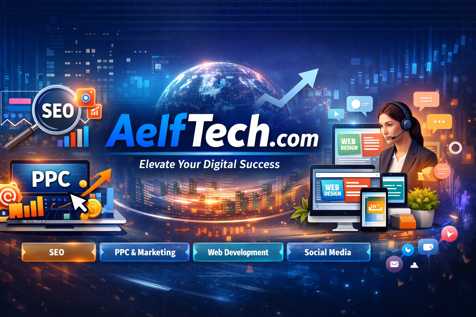 AelfTech.com banner showing digital marketing services including SEO, PPC advertising, web development, and social media with growth analytics visuals