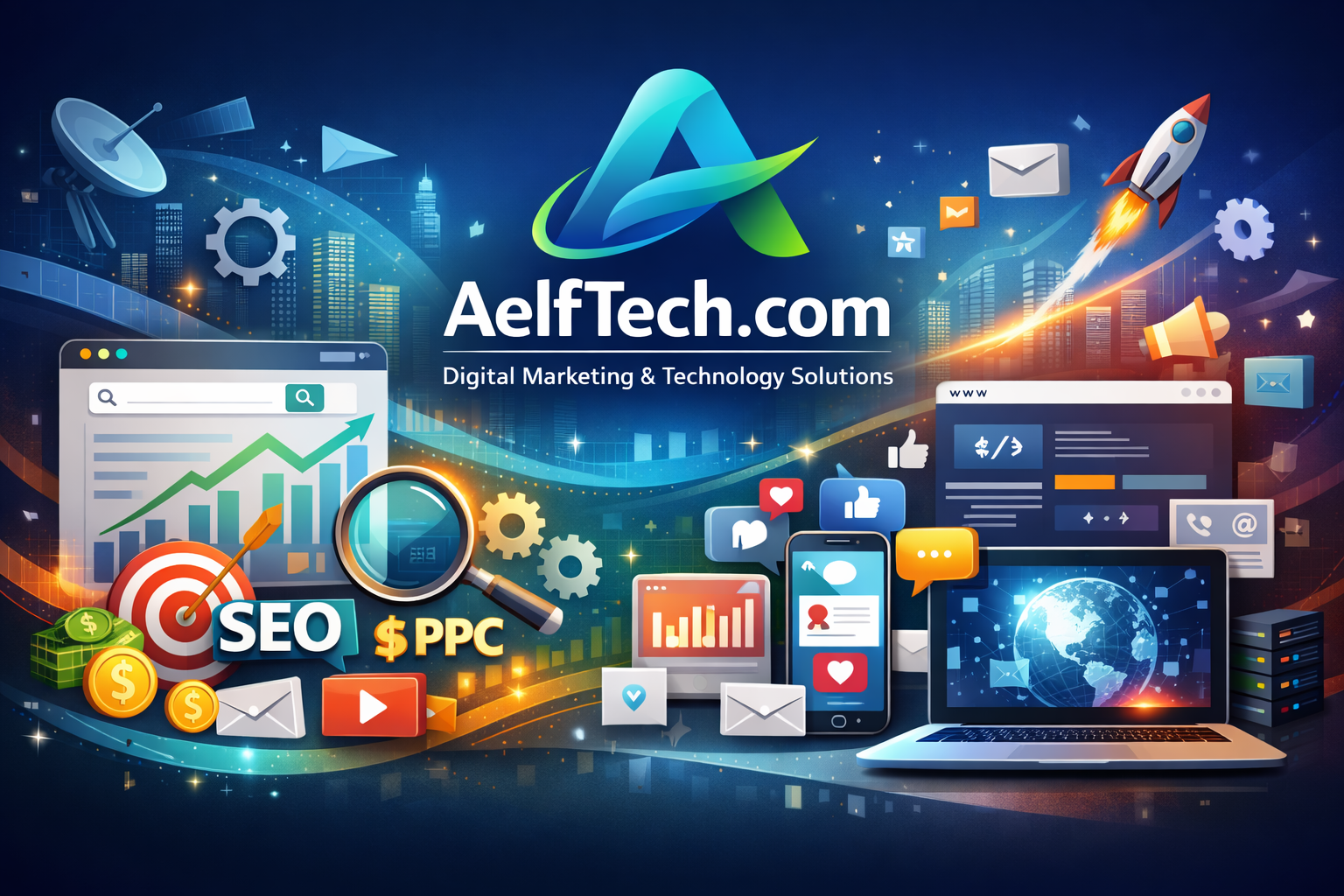 Illustration of AelfTech.com showcasing SEO, PPC, website development, and digital marketing services with growth charts and technology icons