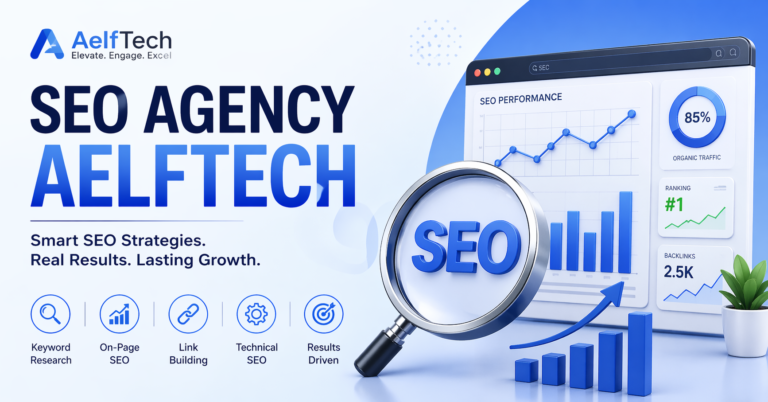 SEO Agency AelfTech digital marketing banner with analytics dashboard, growth charts, and SEO strategy icons