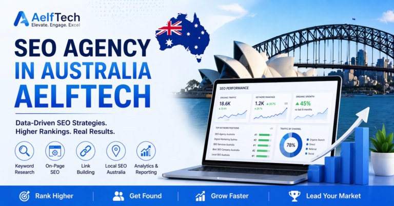 AelfTech SEO agency in Australia banner featuring Sydney Opera House, Harbour Bridge, and SEO analytics dashboard with growth charts