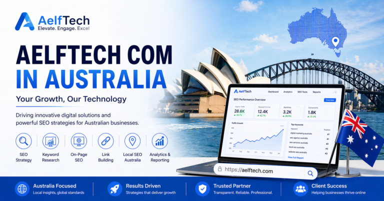 AelfTech com in Australia banner featuring Sydney Opera House, Harbour Bridge, SEO dashboard analytics, and digital marketing services