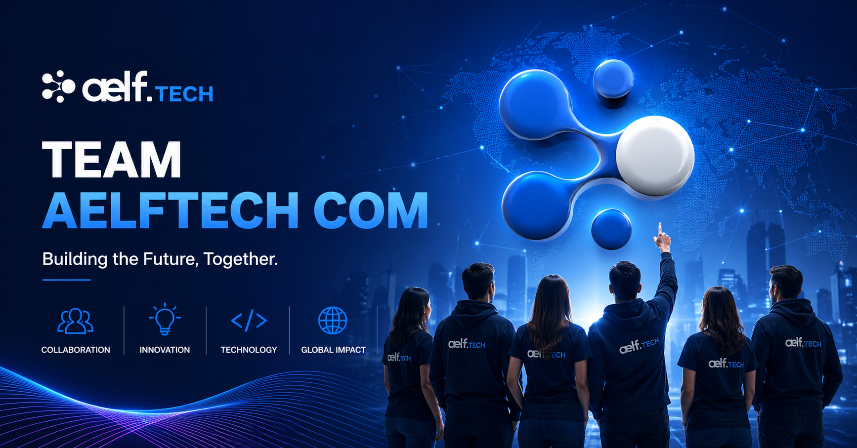 Team AelfTech Com banner showing a modern tech-themed design with a blue futuristic background, digital network graphics, and a collaborative team concept.