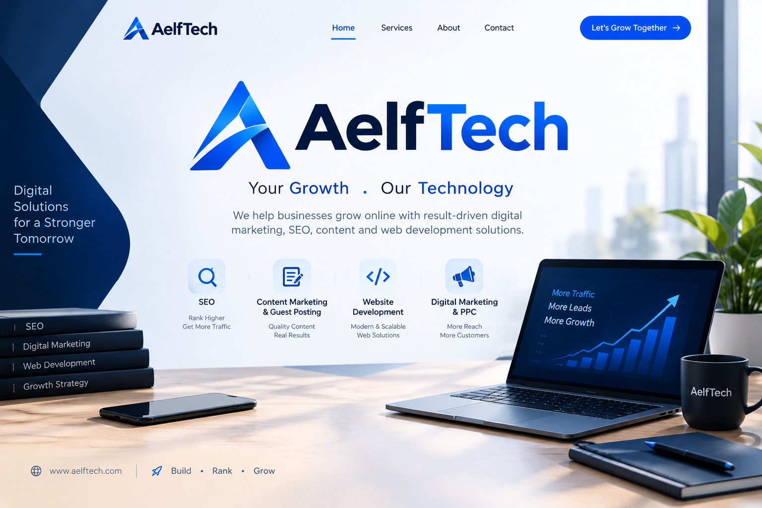 AelfTech digital marketing agency homepage banner featuring SEO, content marketing, guest posting, website development, and PPC services.